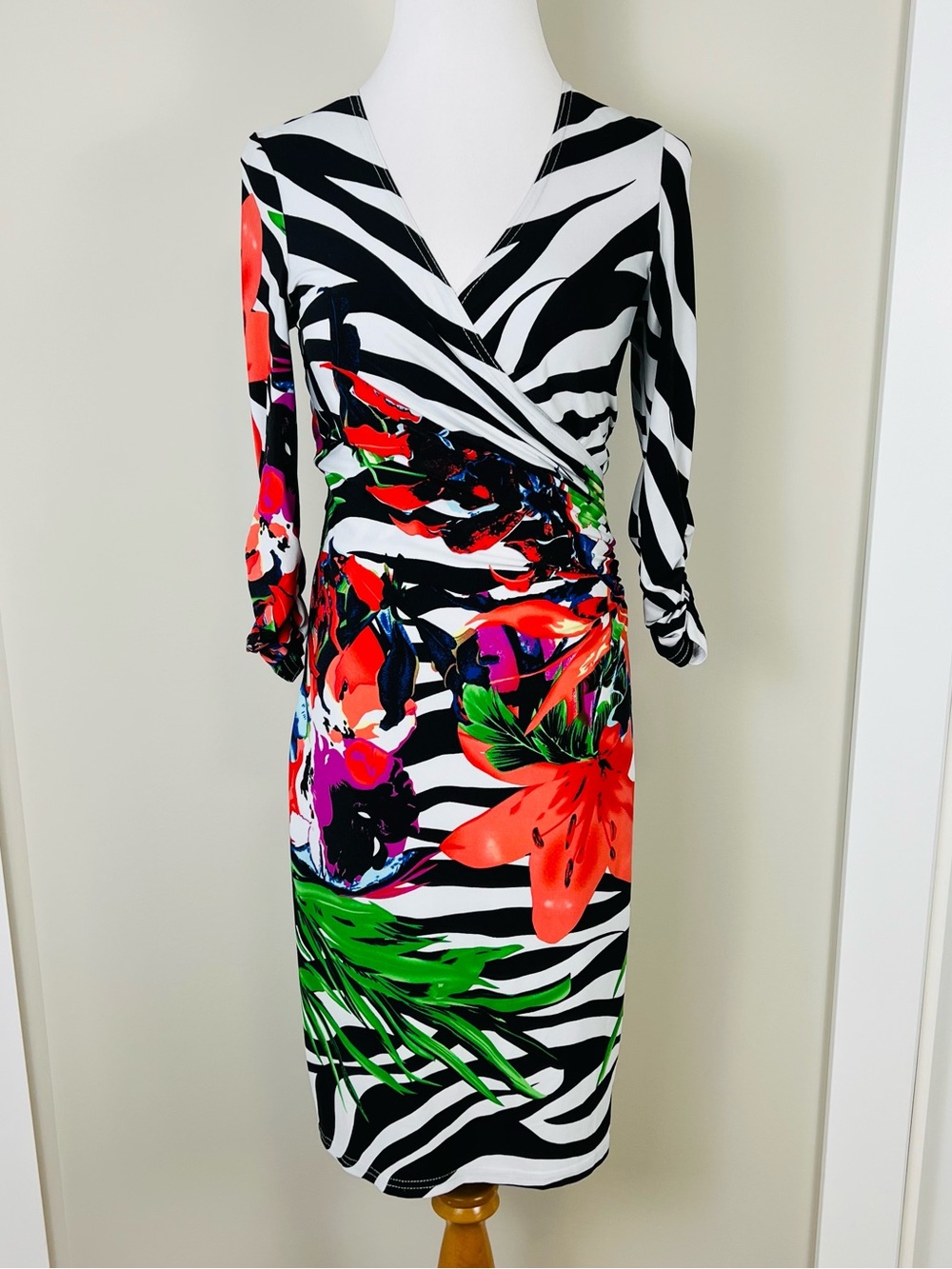 Joseph Ribkoff Black-and-White Zebra Wrap Dress with Bright Floral Print